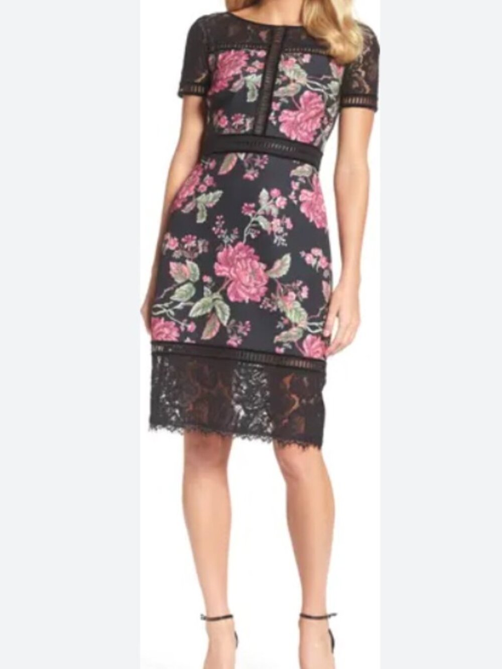 Tadashi Shoji Helena Black Floral Neoprene & Lace Sheath Dress Sz 10